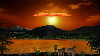 Glowing 1920x1080, Animals, Wolves, Sunset, Lakes, Wolf, Water, Mountains, Sunsets HD wallpaper