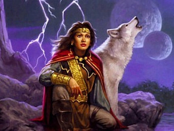 The Princess and the Wolf, lightning, ledge, wolf, moons HD wallpaper