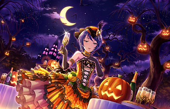 Halloween, blue, night, idolmaster, girl, orange, moon, anime, luna, pumpkin, manga HD wallpaper