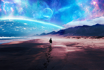 Fantasy, beach, walk alone, sci-fi artwork HD wallpaper
