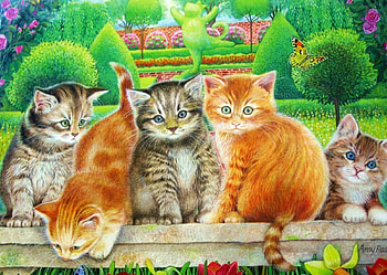 Cute Kitties, artwork, painting, fence, trees, garden, flowers HD wallpaper