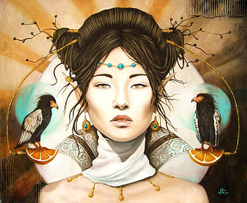 :), fantasy, sophie wilkins, portrait, fruit, face, girl, pasari, orange, bird HD wallpaper
