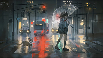 Anime Girl Walking In Tokyo Rainy Night, anime-girl, anime, cat, train, artist, artwork, art, digital-art, ai, pixiv HD wallpaper