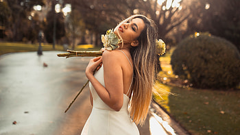 Girl White Dress With Flowers Closed Eyes , white-dress, girls, model HD wallpaper