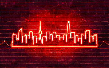 Seoul red neon silhouette, , red neon lights, Seoul skyline silhouette, red brickwall, South Korean cities, neon skyline silhouettes, South Korea, Seoul silhouette, Seoul HD wallpaper