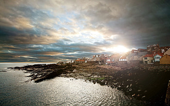 Nature, Houses, Stones, Sea, Sun, Clouds, City, Shore, Bank, Shine, Light, Overcast, Mainly Cloudy HD wallpaper