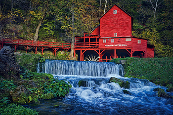 Hodgson Water Mill, Ozark Missouri, Hodgson Mill, mill, rocks, water mill, Missouri, waterfall, bridge, building, trees, water, foliage, Ozark County HD wallpaper