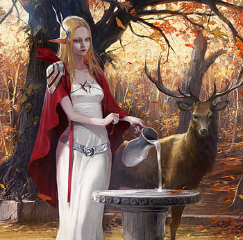 Galadriel, white, art, girl, elf, lotr, fantasy, deer, cerb, red, autumn, hobbit, luminos, park pyeongjun, water, forest HD wallpaper