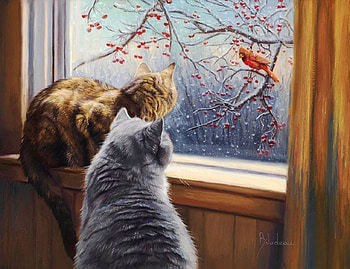two sisters, cats, sisters, birds, animals HD wallpaper