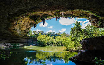 Hamilton Pool Preserve, Texas, clouds, trees, sky, cave, pond, usa HD wallpaper