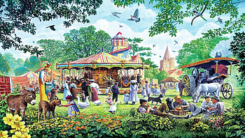 Old English Village Fayre, Picnic, Carousel, Geese, Fayre, Dogs, Donkey, English, Church, Helter-Skelter, Country, Fair, Village, Horse, Art, Painting, Steam Roller, Magpie, Old HD wallpaper