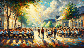 High School Memories Impressionist Art, High School, school, sunlight, students HD wallpaper