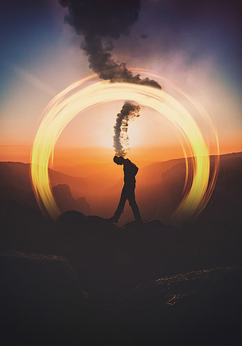 Mountains, Smoke, Dark, Silhouette, Circle, Thoughts HD phone wallpaper