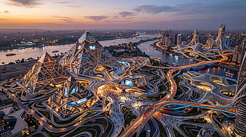 Neo-Egypt: Futuristic Pyramid Cityscape, Futuristic Architecture, Highway, River HD wallpaper