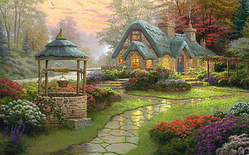 Old cottage, Flowers, Well, Garden, Path, Trees HD wallpaper