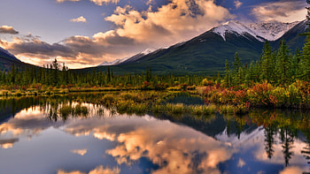 Lake Reflections In Banff NP, Alberta, sunset, landscape, trees, clouds, sky, canada, water, mountain HD wallpaper