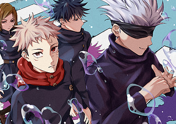 Jujutsu Kaisen: Gojo, Yuji, Megumi & Nobara —, Satoru Gojo, Megumi Fushiguro, Yuji Itadori, Nobara Kugisaki, Anime, Jujutsu Kaisen HD wallpaper