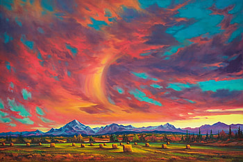 Sky Riders, artwork, straw, painting, landscape, clouds, fields, mountains, sunset HD wallpaper