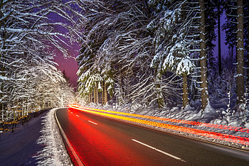 Winter, Nature, Night, Snow, Shine, Light, Road, Long Exposure HD wallpaper