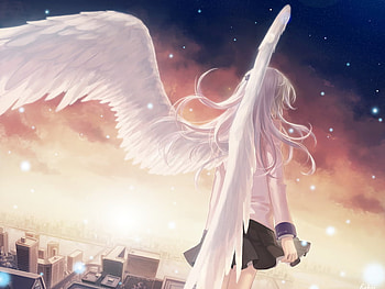 Angel, wind, city, sunset HD wallpaper