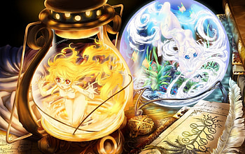 Fire or Water, night, awesome, cute, red eyes, long hair, nice, game, blonde hair, water, female, sweet, spirits, magic, blue eyes, smile, beautiful, elf, beauties, anime girls, dark, book, anime, fantasy, pretty, white hair, cool, fire HD wallpaper