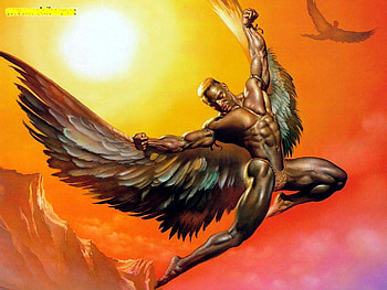 BorisValejo, sexy, wings, man, other, angel, orange, anime, sky, sun HD wallpaper