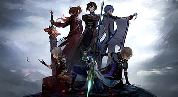Genshin Impact Elite Ultra : Xiao, Albedo, Kazuha, Zhongli & Diluc, Xiao (Genshin Impact), Albedo (Genshin Impact), Kaedehara Kazuha (Genshin Impact), Zhongli (Genshin Impact), Diluc (Genshin Impact), video game, Genshin Impact HD wallpaper