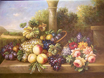 Fruity Floral, table, peonies, grapes, lilacs, plums, background, leaves, field, peaches, trees, flowers, baskets HD wallpaper