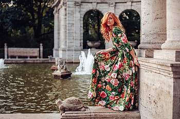 Redhead in a Colorful Dress, redhead, model, dress, park HD wallpaper