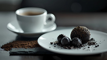 Truffle, coca and a coffee cup, truffle, plate, cup, table, coffee HD wallpaper