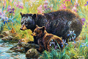 Lakeside Black Bears, artwork, painting, bear, cub, flowers, meadow, water, stones HD wallpaper