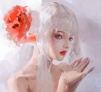 Beauty, aerith132, red, flower, face, girl, white, frumusete, art, rose, fantasy, portrait HD wallpaper