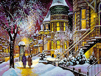 Andris Leimanis. At night in Montreal, winter, painting, andris leimanis, art, snow HD wallpaper