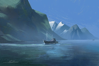 Art, Mountains, Rocks, Paint, Boat, Canvas HD wallpaper