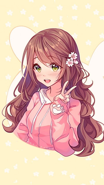 brown hair, smile, green eyes, long hair, cute, Anime, Original, cute anime HD phone wallpaper