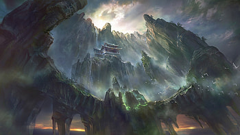 artwork, Fantasy Art, Pagoda, Asian Architecture, Mountain, Waterfall, Digital Art, Rock Formation / and Mobile Backgrounds HD wallpaper