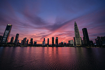 Cities, Sunset, Sea, City, Skyscrapers HD wallpaper
