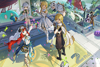 Genshin Impact - Nahida, Nilou, Paimon & the Travelers, Nahida (Genshin Impact), Nilou (Genshin Impact), Paimon (Genshin Impact), Lumine (Genshin Impact), Aether (Genshin Impact), video game, Genshin Impact HD wallpaper