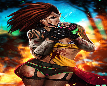 Fluorescent Black, sexy, tattoo, somke, fire, soldire, female, war HD wallpaper