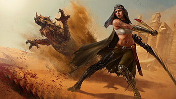Warrior, sand, art, girl, woman, fantasy, battle, dragon, game, fighter HD wallpaper