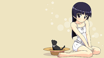 Anime girl and cat in a hat, anime, fantasy, cute, cat, girl, hat HD wallpaper