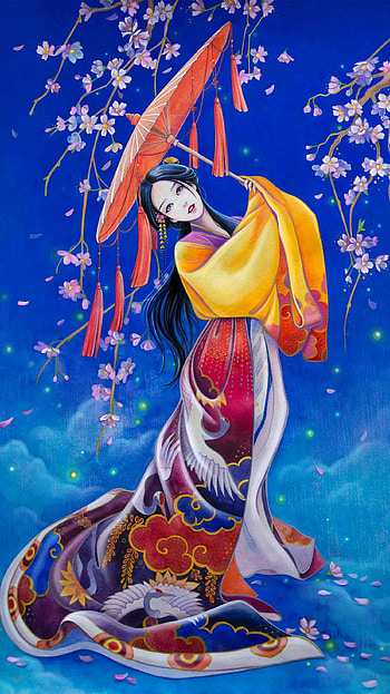 Geisha 02, art, blue, japan, japon, azul, anime HD phone wallpaper