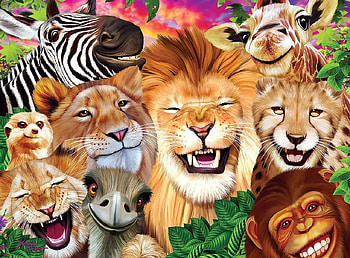 Selfie, animal, monkey, fantasy, smile, funny, jungle, zebra, lion HD wallpaper