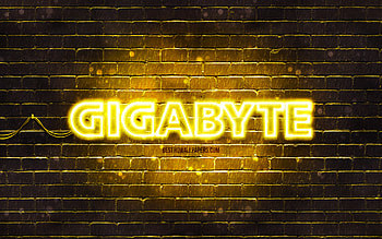 Gigabyte yellow logo, , yellow brickwall, Gigabyte logo, brands, Gigabyte neon logo, Gigabyte HD wallpaper