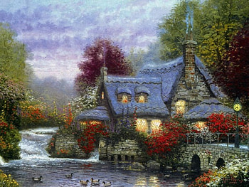 romantic hideaways 03, trees, river, cottage, light HD wallpaper
