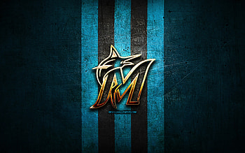 Miami Marlins emblem, MLB, golden emblem, blue metal background, american baseball team, Major League Baseball, baseball, Miami Marlins HD wallpaper