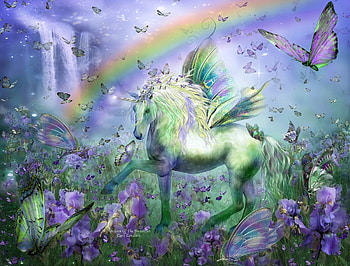 Fairy horse, horse, fantasy, art, green, cal, wings, blue, carol cavalaris, fairy, rainbow HD wallpaper
