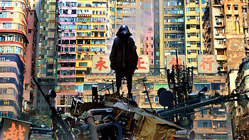 Cityscape, cyberpunk, man in hood, art HD wallpaper