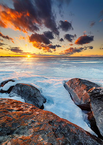 Nature, Sunset, Stones, Ice, Snow, Horizon HD phone wallpaper