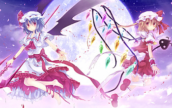 Remilia & Flandre Scarlet, night, wings, colorful, dress, anime, moon, rainbow, remilia scarlet, clouds, girls, hat, flandre scarlet HD wallpaper